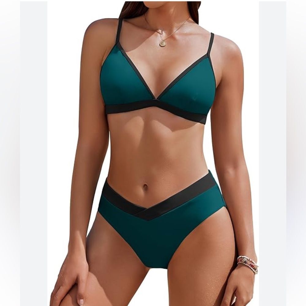 Aimage Black and Teal Triangle Bikini Swim Set NWT Size Large